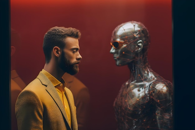 Un uomo con un abito giallo si trova di fronte a un robot con sopra la parola robot.