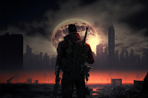 Un uomo con un'arma si alza e guarda le rovine della sua stessa città dopo l'apocalisse