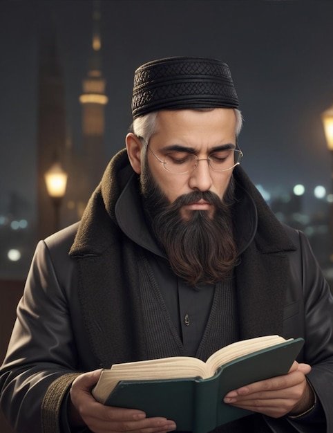 Un uomo con un aspetto islamico e una bella barba che legge un Corano generato da Ai