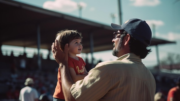 Un uomo con un bambino in uno stadio di baseball