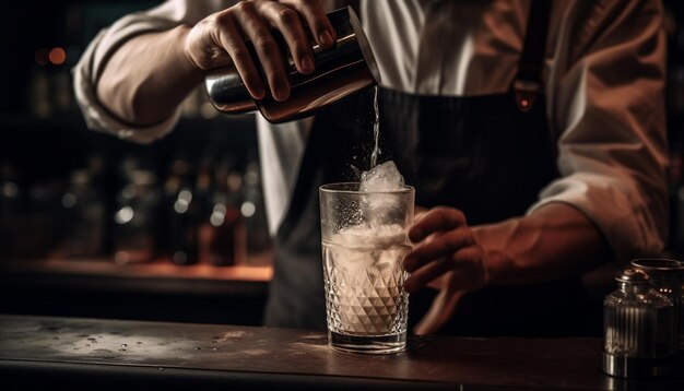 Un uomo con un bicchiere che versa whisky al bancone di un bar generato dall'AI