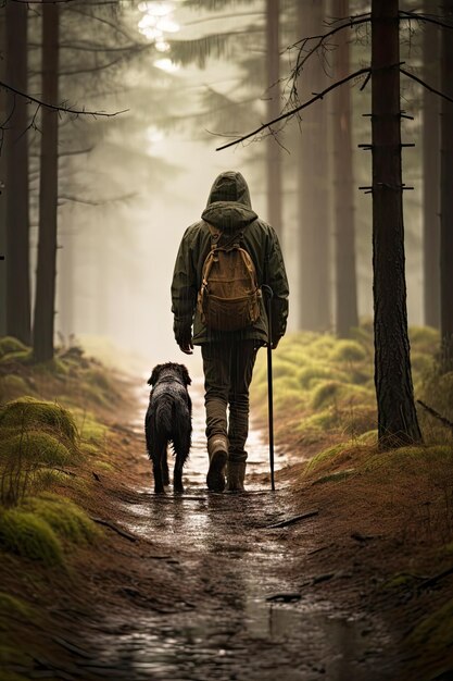 un uomo con un cane cammina attraverso la vista posteriore della foresta