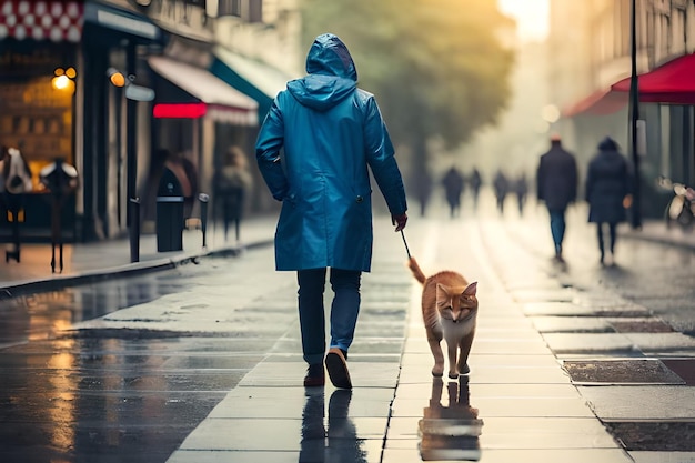 un uomo con un cane che cammina sotto la pioggia