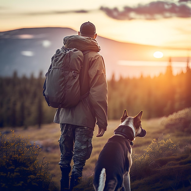 un uomo con un cane in una passeggiata nelle montagne al tramonto