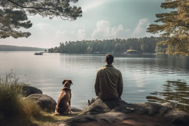 un uomo con un cane seduto sulla riva di un lago AI generativa