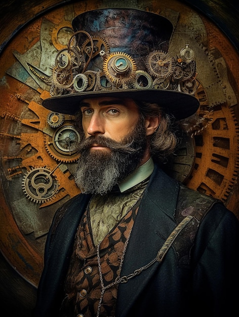 Un uomo con un cappello a cilindro e un orologio in stile steampunk