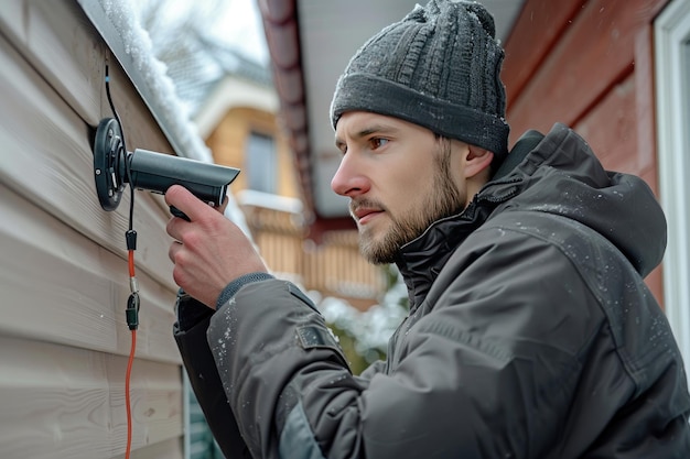 Un uomo con un cappello a maglia installa una telecamera video