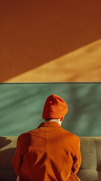 un uomo con un cappello arancione sta guardando un muro