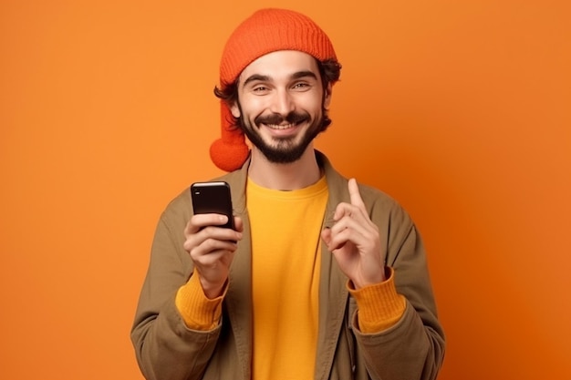 Un uomo con un cappello arancione tiene in mano un telefono e punta il dito indice verso l'alto.