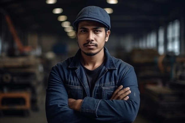 Un uomo con un cappello blu si trova in un magazzino con le braccia incrociate.