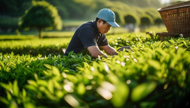 un uomo con un cappello blu sta lavorando in un campo di mais