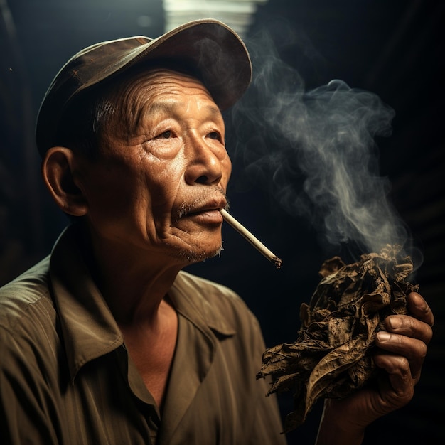 un uomo con un cappello che tiene un sigaro e fuma una sigaretta.