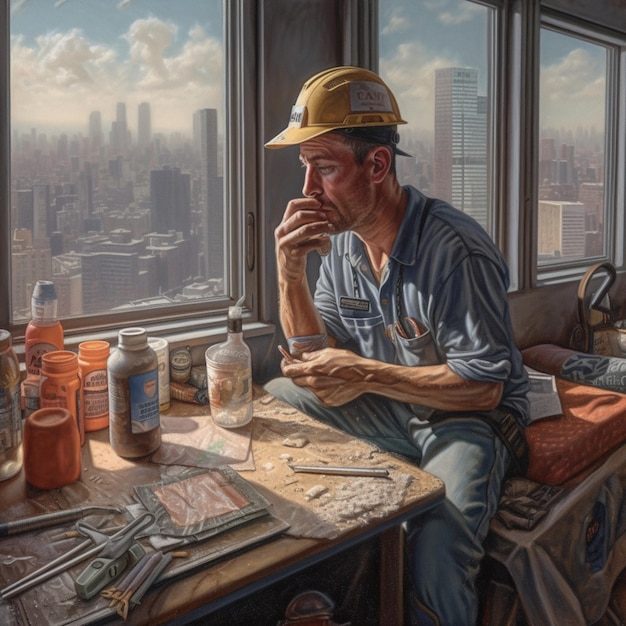 Un uomo con un cappello da cantiere siede a un tavolo con una finestra che si affaccia su una città.