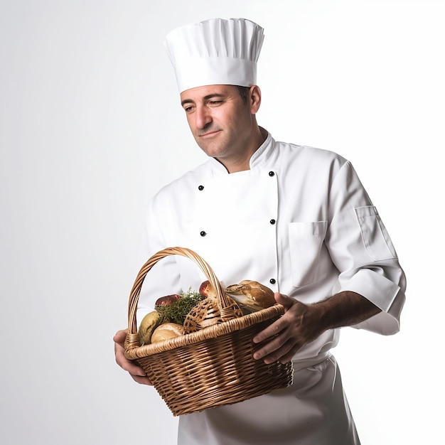 Un uomo con un cappello da chef tiene un cesto con pane e verdure.