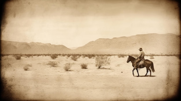 Un uomo con un cappello da cowboy cavalca un cavallo nel deserto.