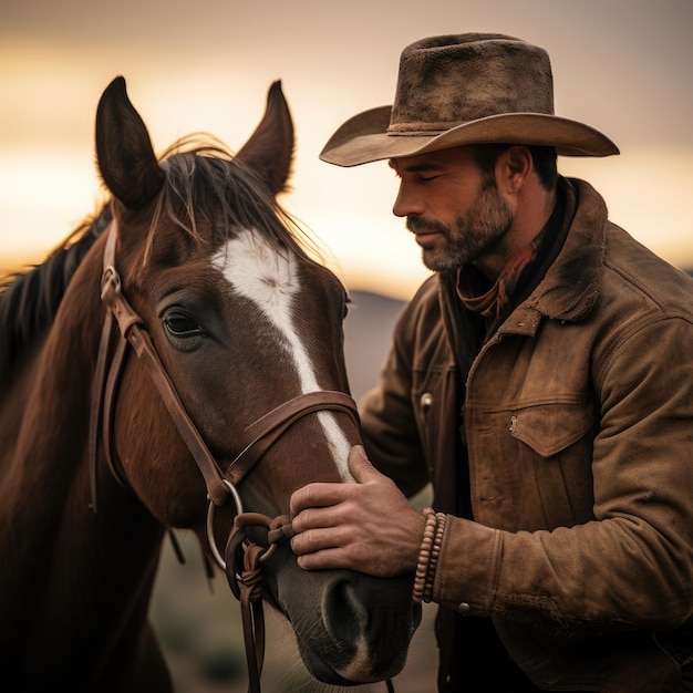 Un uomo con un cappello da cowboy e una giacca sta accarezzando un cavallo ai