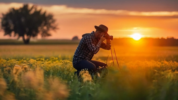 un uomo con un cappello da cowboy guarda attraverso un campo di fiori al tramonto