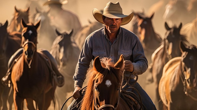 Un uomo con un cappello da cowboy guida un gregge di cavalli