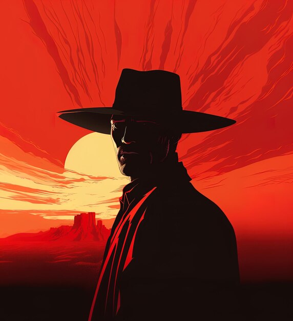 un uomo con un cappello da cowboy in piedi davanti a un tramonto rosso