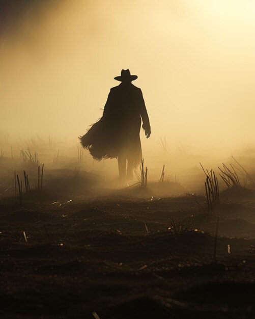 un uomo con un cappello da cowboy in piedi nella nebbia