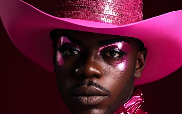 Un uomo con un cappello da cowboy rosa e un cappello rosa