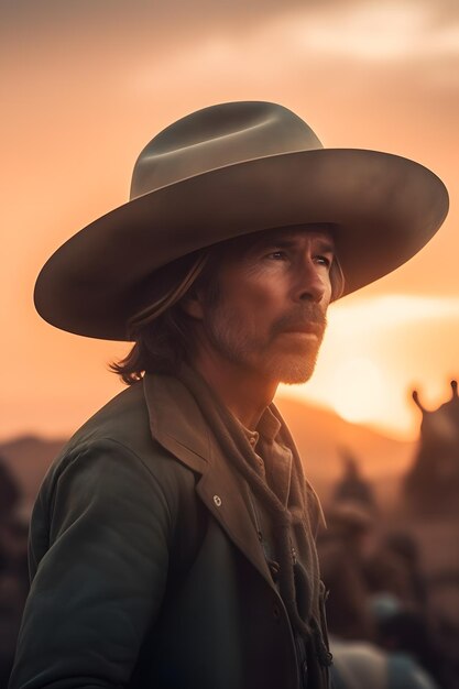 Un uomo con un cappello da cowboy si trova di fronte a un tramonto.