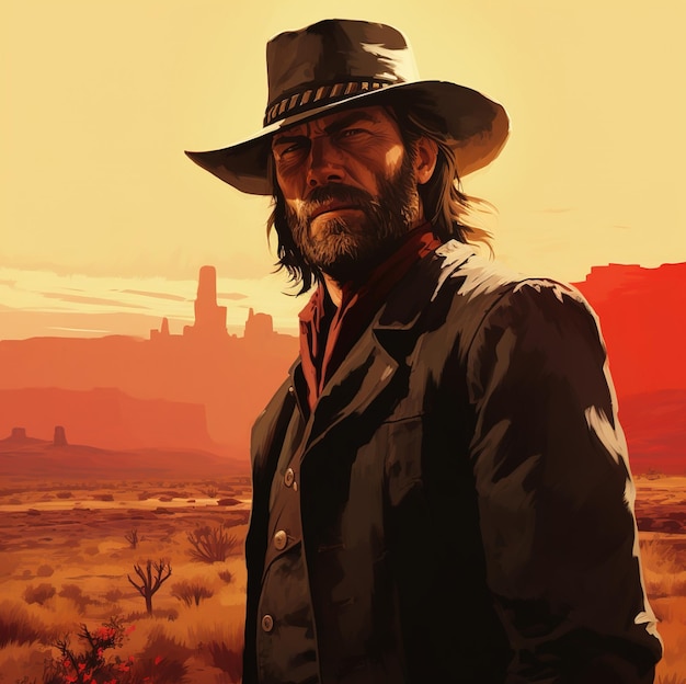 un uomo con un cappello da cowboy si trova di fronte a uno sfondo rosso con un castello sullo sfondo.