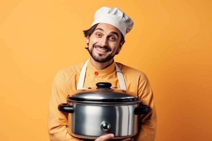 Un uomo con un cappello da cuoco tiene in mano una pentola con il coperchio aperto e sorride.