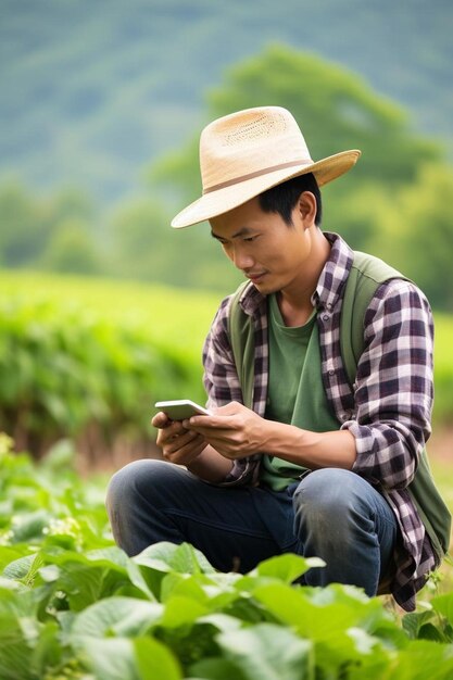 un uomo con un cappello di paglia guarda un cellulare