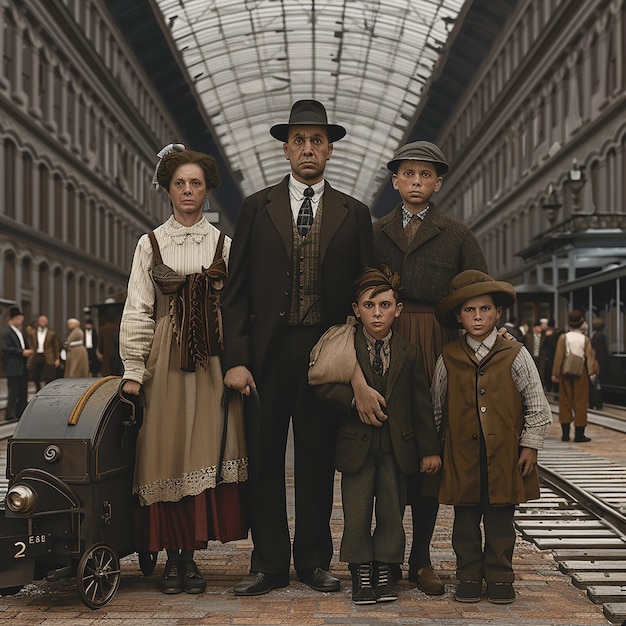 un uomo con un cappello e due bambini sono in piedi davanti a un treno
