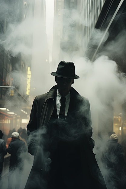un uomo con un cappello e un abito in piedi in strada con fumo che esce dal suo cappello