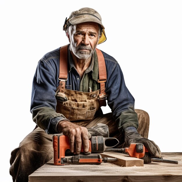 Un uomo con un cappello e un cappello è seduto a un tavolo con un trapano e un trapano.