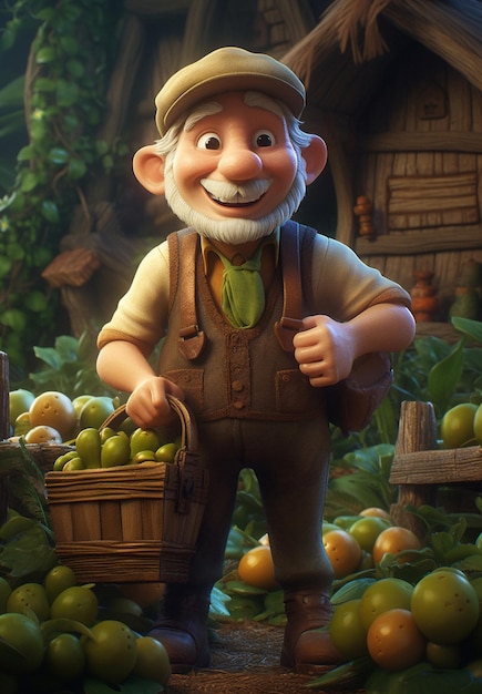 Un uomo con un cappello e un cappello si trova davanti a un cesto di frutta.