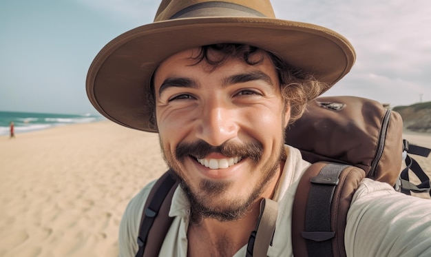 Un uomo con un cappello e uno zaino in faccia sta sorridendo.