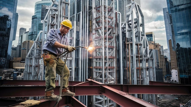 un uomo con un cappello giallo sta lavorando su un ponte rosso