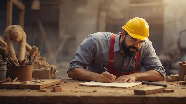 un uomo con un cappello giallo sta scrivendo su un pezzo di legno