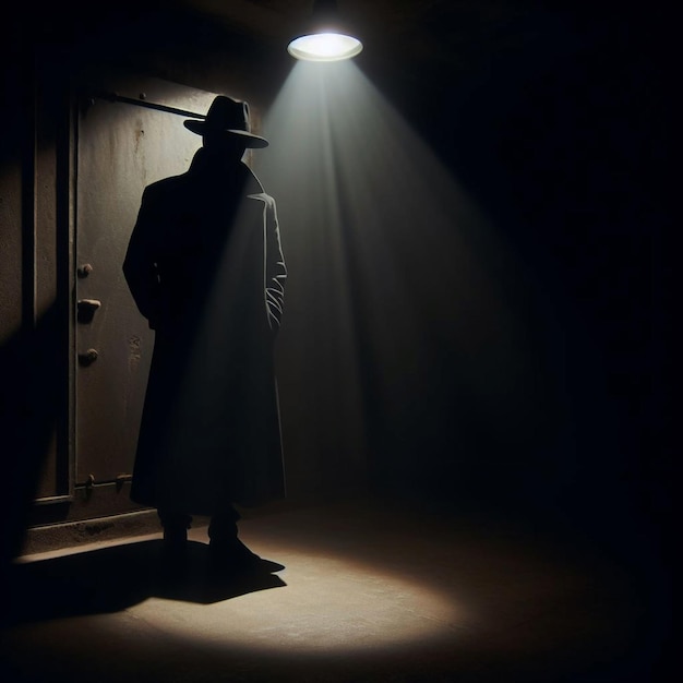 un uomo con un cappello in piedi in una stanza buia con un uomo in cappello