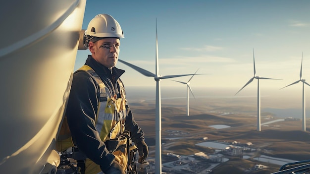 un uomo con un cappello rigido in piedi davanti alle turbine eoliche