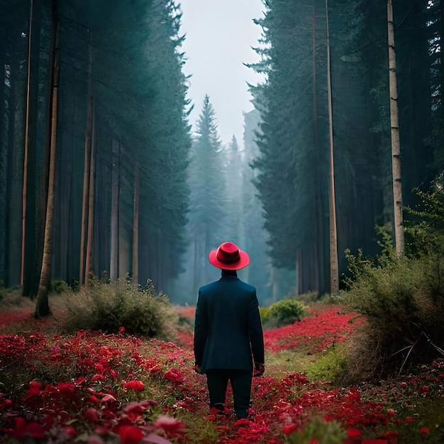 Un uomo con un cappello rosso cammina attraverso una foresta con alberi sullo sfondo.