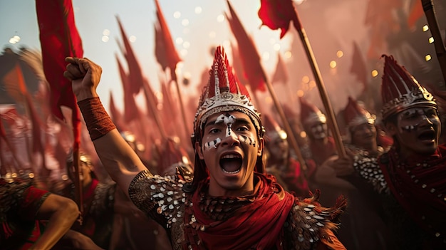 un uomo con un cappello rosso grida davanti a una folla di persone con bandiere e bandiere.