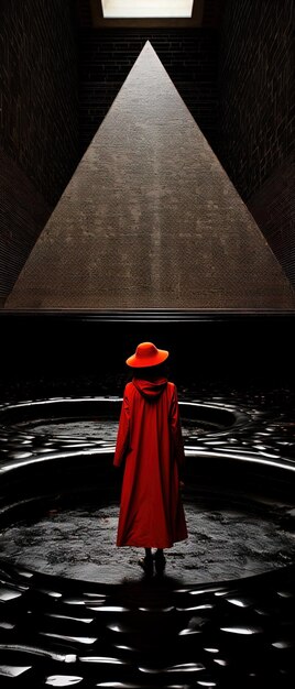 un uomo con un cappello rosso in piedi in una stanza buia con un copricapo rosso su