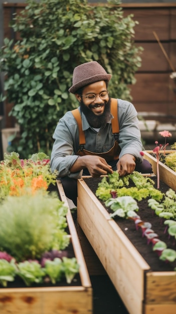 Un uomo con un cappello si prende cura di un'immagine ai generativa del giardino