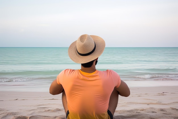 Un uomo con un cappello siede su una spiaggia e guarda il mare