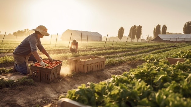 Un uomo con un cappello sta lavorando in un campo di pomodori.