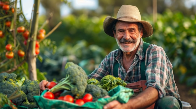 Un uomo con un cappello tiene con orgoglio un cesto pieno di verdure fresche