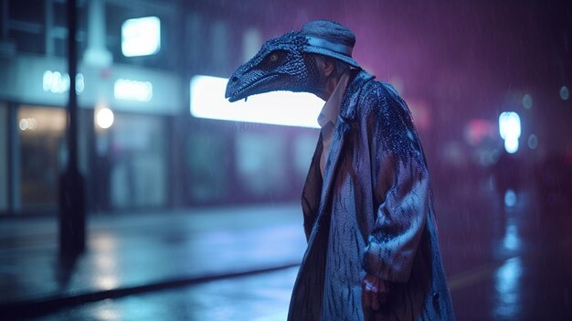 Un uomo con un cappotto con una maschera da uccello in testa sta sotto la pioggia.
