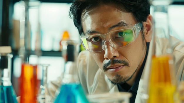 Un uomo con un cappotto da laboratorio e occhiali di protezione sta esaminando un bicchiere di vetro in un laboratorio