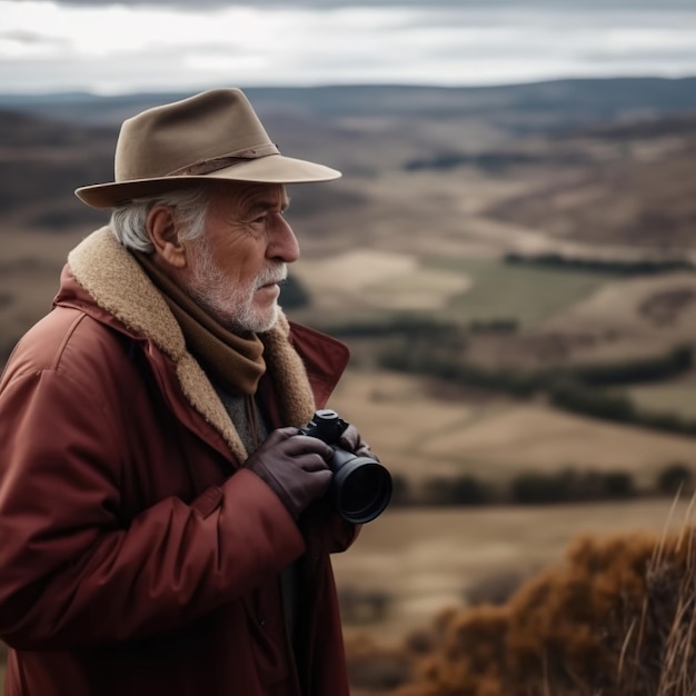 Un uomo con un cappotto rosso e un cappello si trova su una collina e guarda un paesaggio.