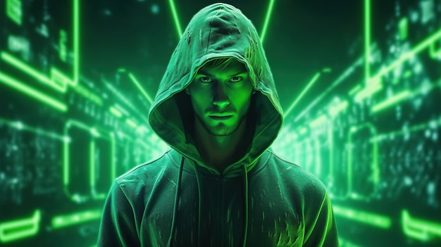 Un uomo con un cappuccio verde si trova di fronte a una luce al neon verde.