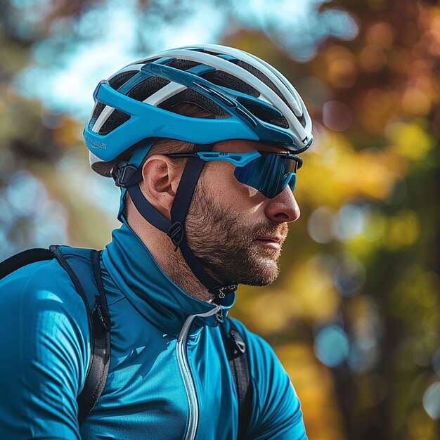 un uomo con un casco blu e nero indossa un casco azzurro e nero